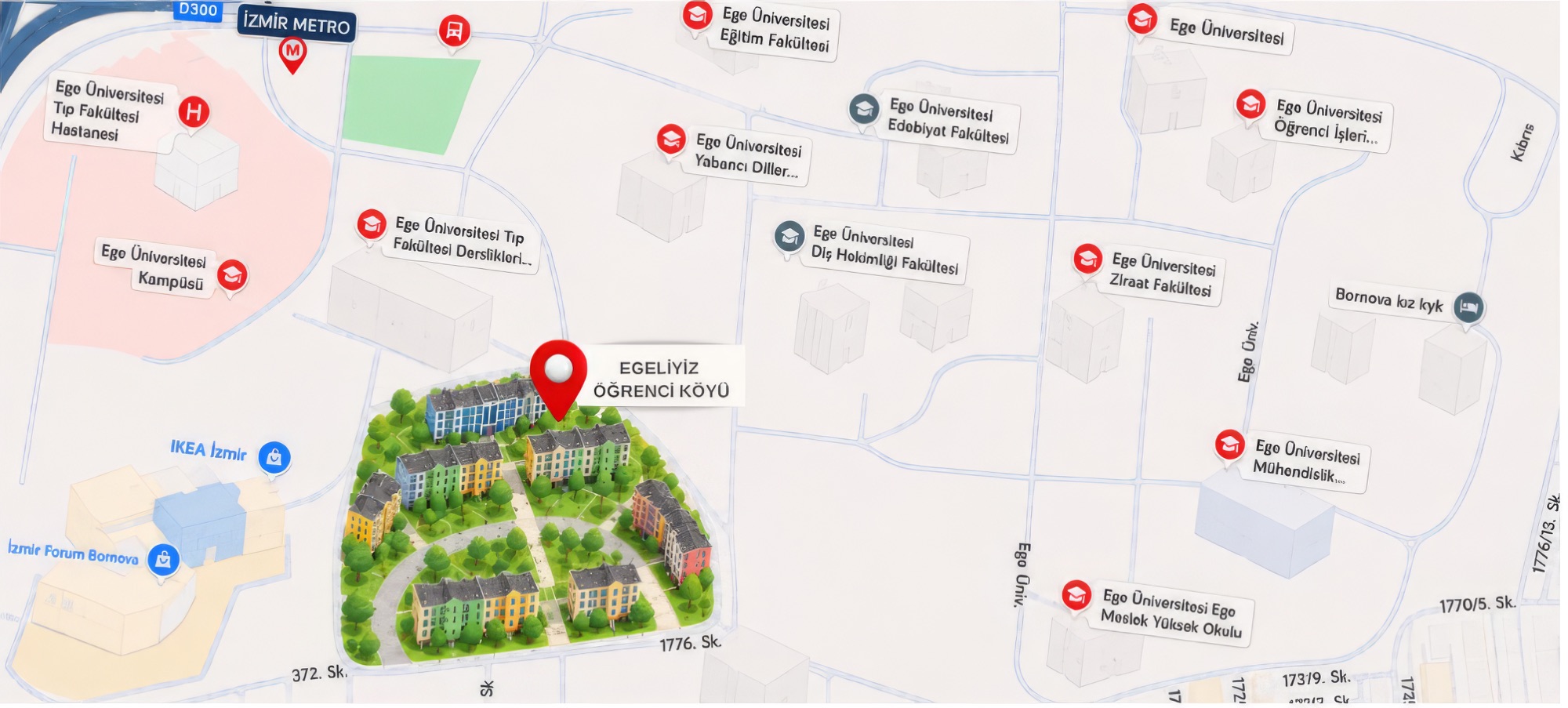 Egeliyiz Öğrenci Köyü Ege Üniversitesi kampüs içi konum haritası